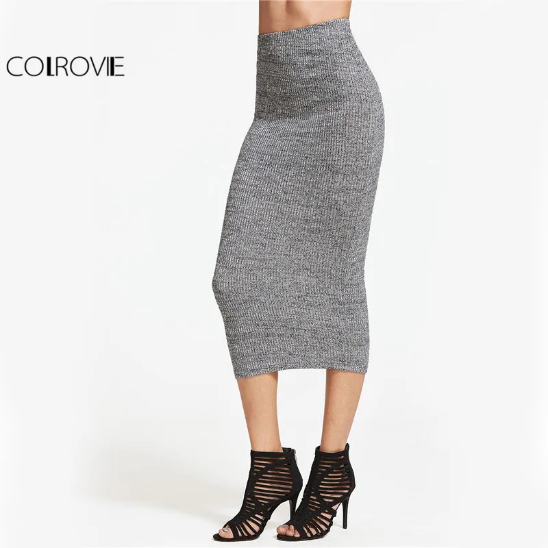 COLROVIE короткая трикотажная юбка-карандаш для женщин, серый цвет, элегантная тонкая юбка миди в рубчик, Весенняя модная офисная юбка с высокой талией