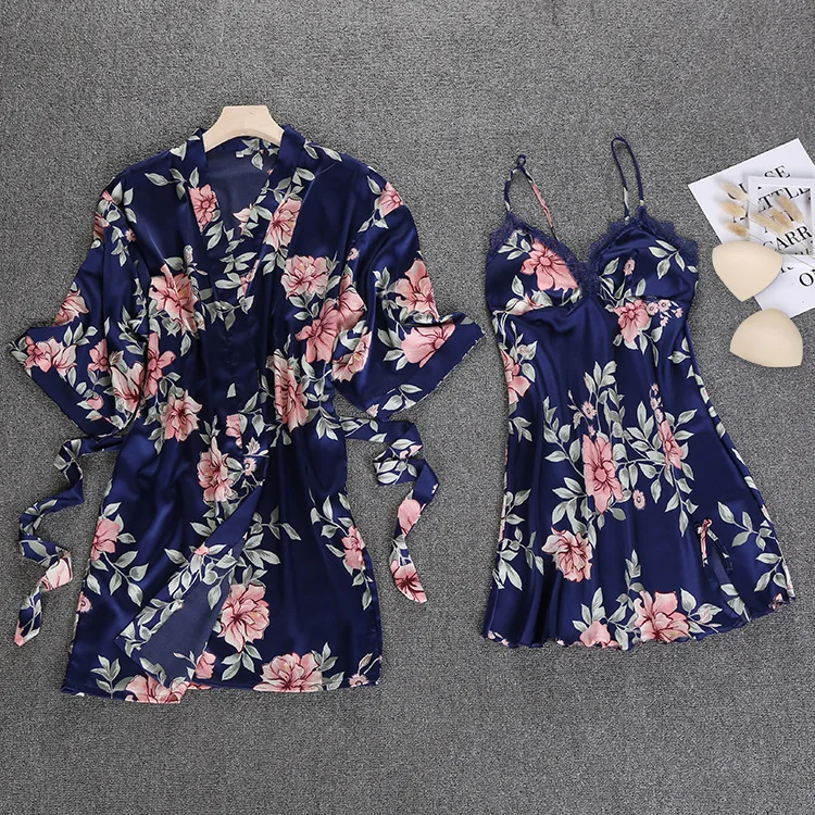 Розовый Весенний Новый женский халат из 2 предметов костюм для сна повседневная