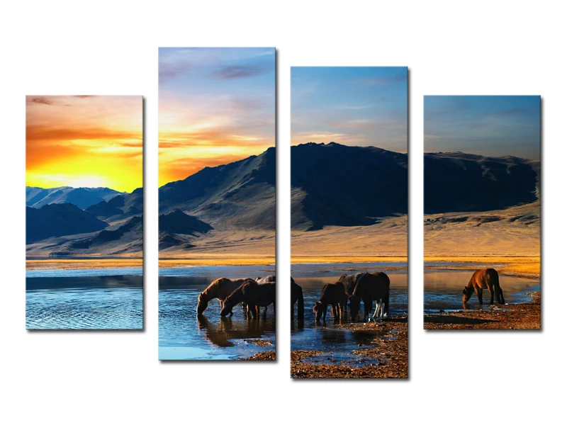 4 Панель Unframed Горная Лошадь Wall Art HD Картина Печатается Живопись Маслом на Холсте