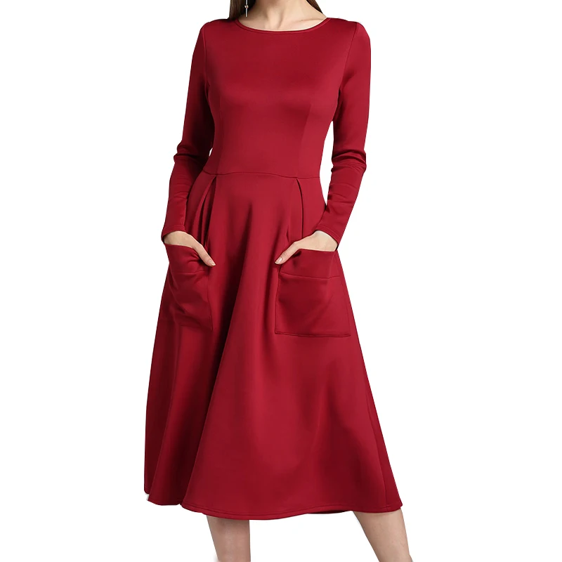 

Long Sleeve Casual Dress Autumn Winter Women Dresses Solid Flare Vintage Office Dress Elegant Fashion Robe Pockets