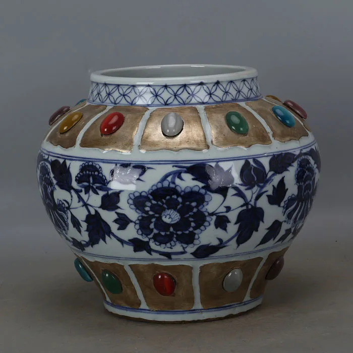 Antique YuanDynasty porcelain pot silver and jeweled peony jar hand-painted crafts home Decoration collection&amp adornment | Дом и сад