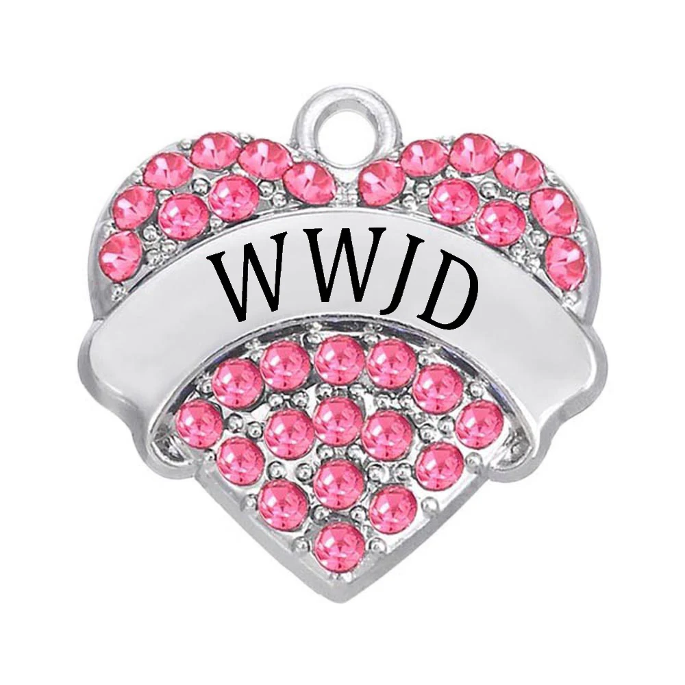 New hot English abbreviation WWJD heart-shaped crystal inlaid metal charm pendant meaning What Would Jesus Do | Украшения и