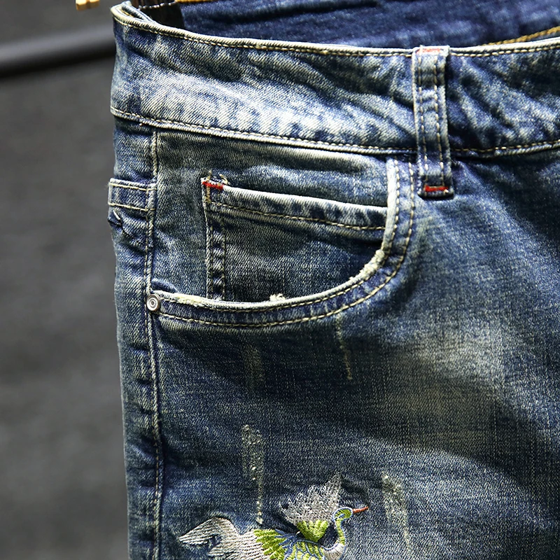 Джинсы мужские с вышивкой хлопковые брюки карандаш модные облегающие ковбойские