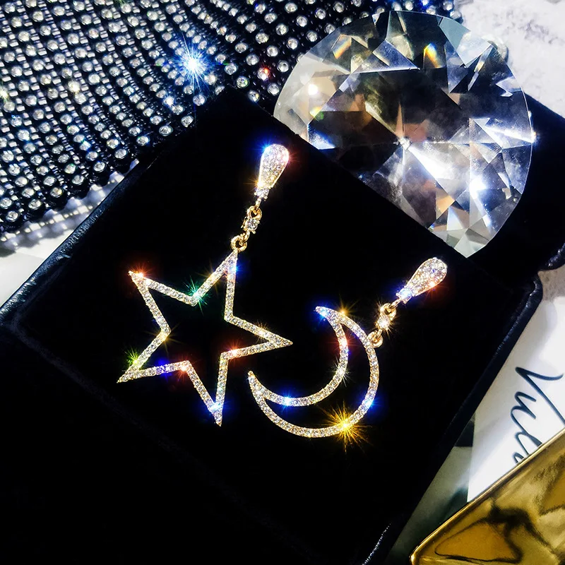 Блестящие ассиметричные серьги подвески для женщин Bijoux 2019 Звезда Луна горный