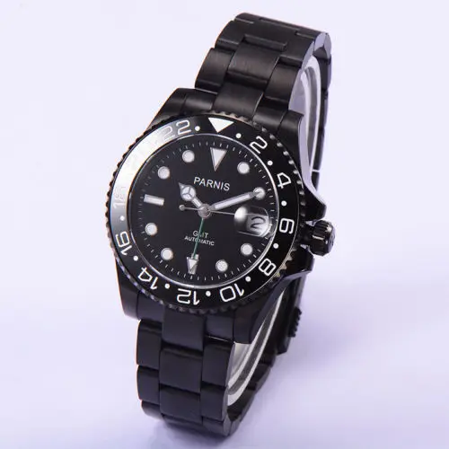 40 мм Parnis механические часы черный красный керамический ободок циферблат GMT