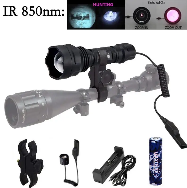 IR 850nm Set Светодиодный тактический охотничий флэш-светильник, масштабируемый IR-501b 850/940nm, светильник для оружия ночного видения+ 18650+ зарядное устройство Usb+ переключатель давления+ крепление - Цвет: IR 850nm Set