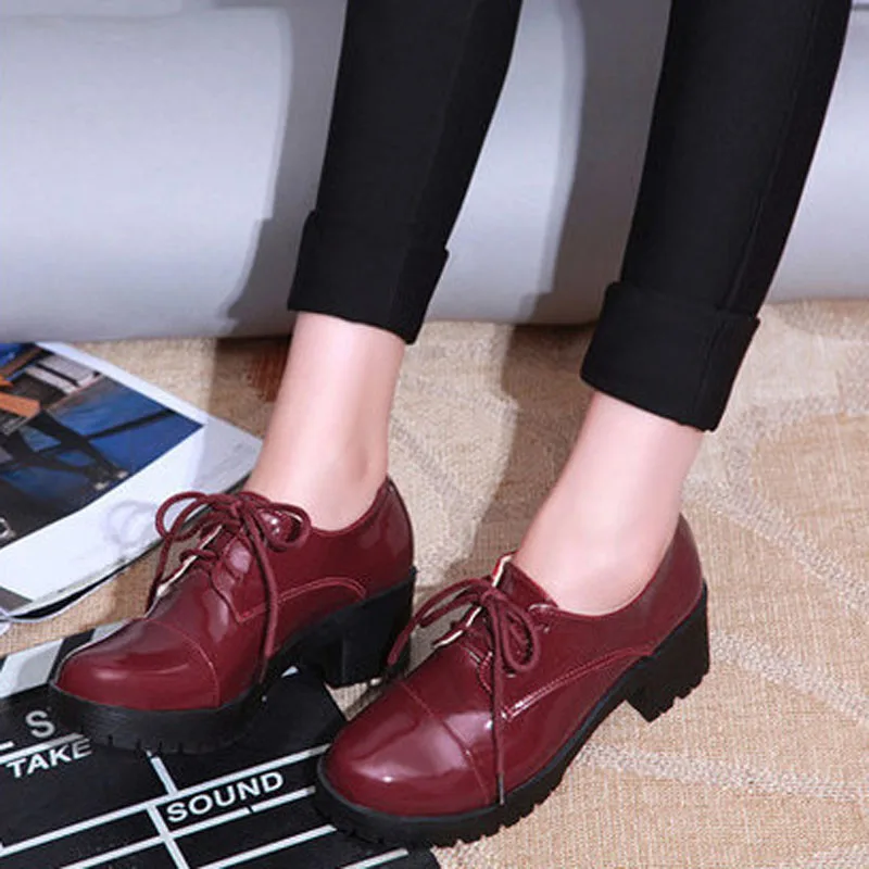 

Hot Sale Ladies Casual Patent Oxford Shoes Fashion Plain Solid Low Heel Women Oxfords Ladies Leisure England Style College Shoes