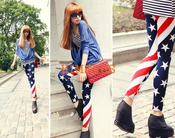Fashion Women American Flag Stripe Star Print Leggings Lady Summer Skinny Cropped Jeans Free Shipping 5867 | Женская одежда