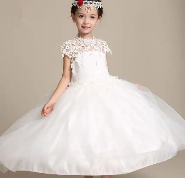 Girl Lace Long Dress With Sweet Flower For Age 3-12 Baby Kids Princess Wedding Prom Party White Big Bow Short Sleeve | Детская одежда и