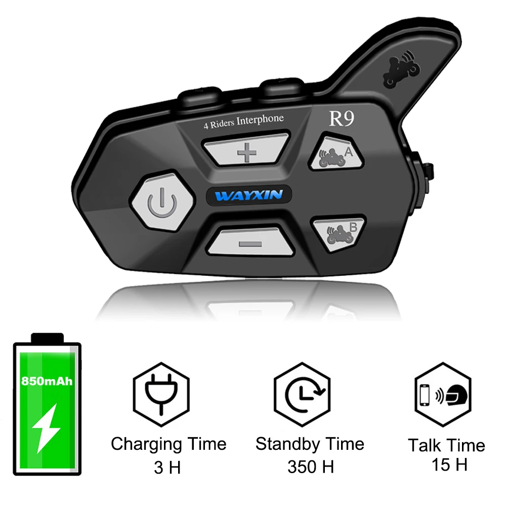 WAYXIN шлем гарнитуры 1500 м 4 всадника говорящий в то же время Bluetooth домофон для мотоцикла R9 Fm 1 шт домофон мотоцикл