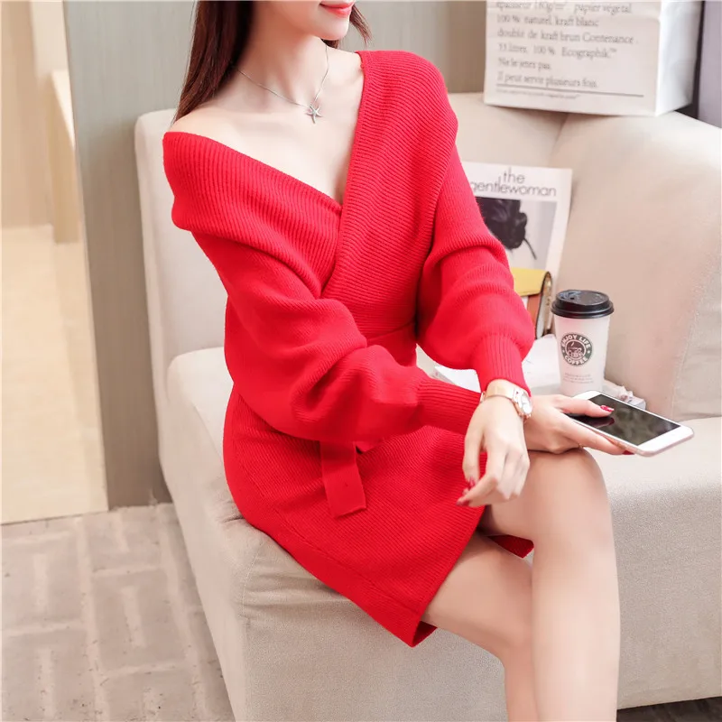 Женское платье свитер осень и зима 2018 модный стиль вязанное миди с v образным