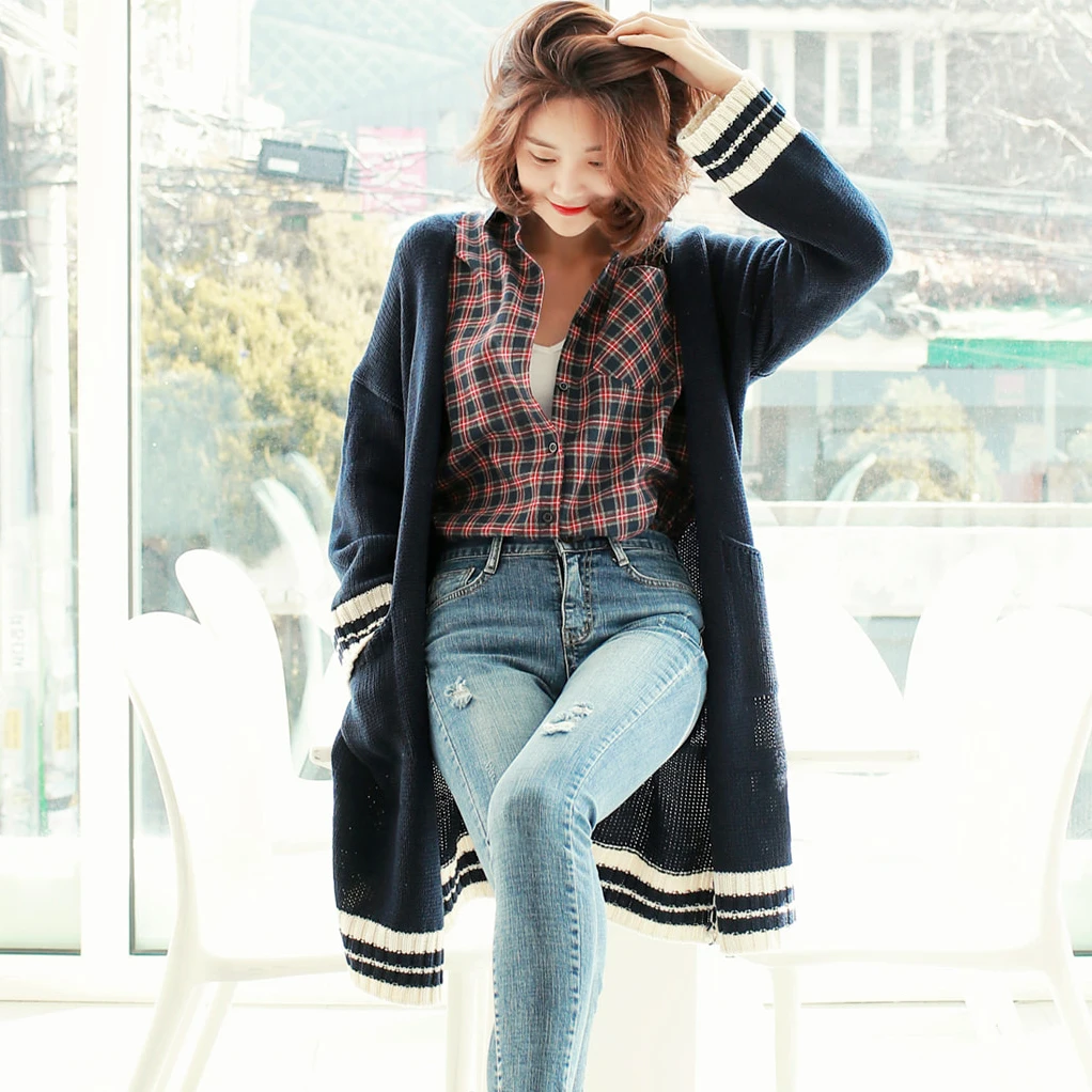 Autumn Winter Women Sweater 2018 New Korean Style Oversized Long Cardigan With Ribbed Striped Solid Pink Navy Blue Female Jacket |