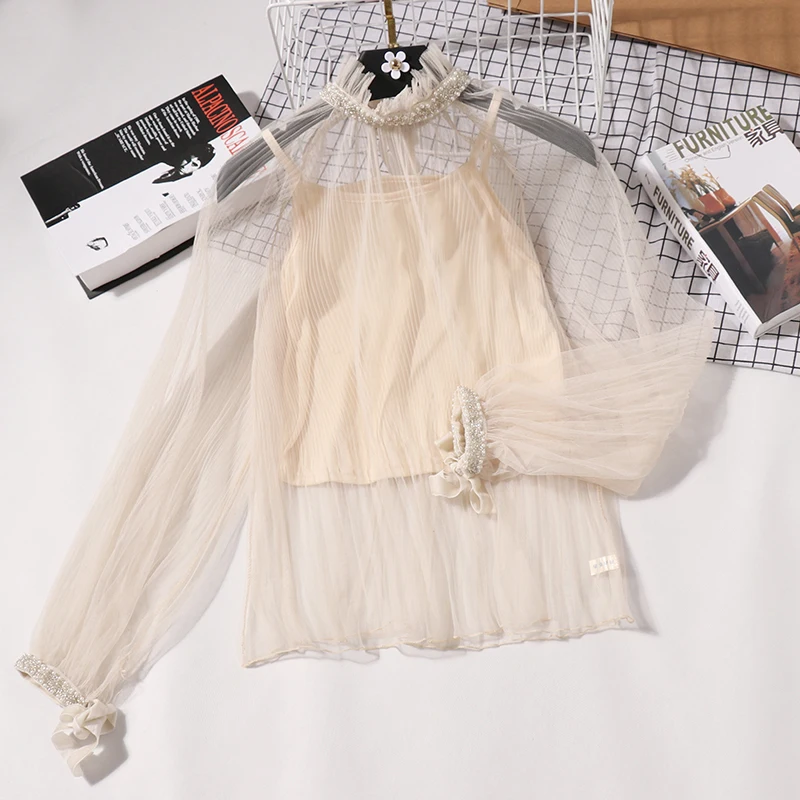 spring new turtleneck beading women blouse and shirts see-through gauze sexy lace ruffles lady elegant bottoming shirts - Цвет: beige
