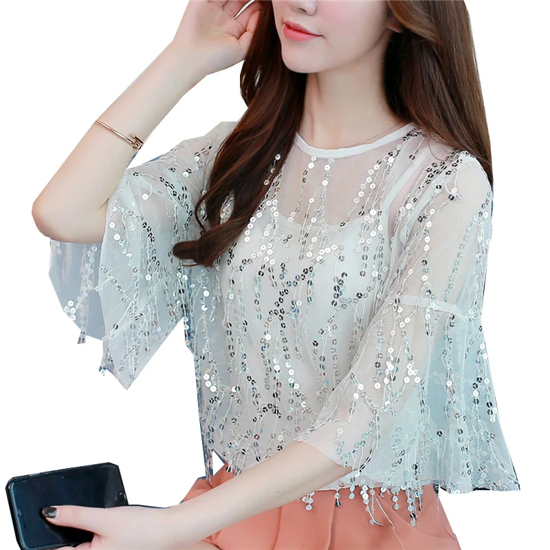 Новинка женская блузка с блестками летние винтажные сетчатые рубашки бахромой