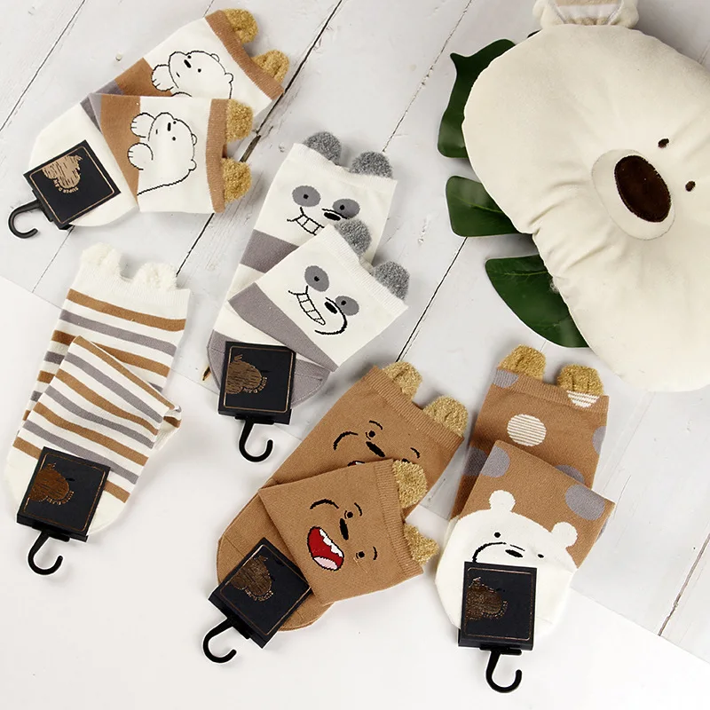 5 Pairs/Lot Women Cute Kawaii Short Socks Cartoon Animals Ears Funny Pattern Jingle Cat Bear Sheep Cotton Ankle Student Socks - Цвет: 5 Piars Bear Style2
