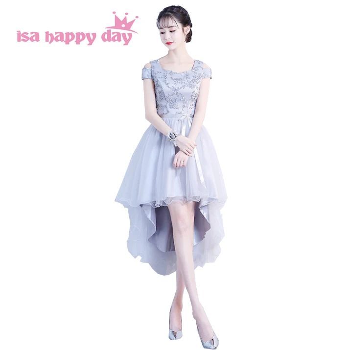 Серебристо серое модное короткое длинное платье для невесты с открытой спиной