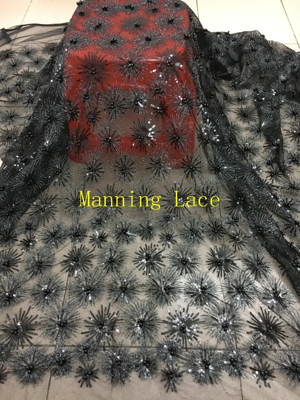 Французская кружевная ткань черного цвета с бусинами высококачественное