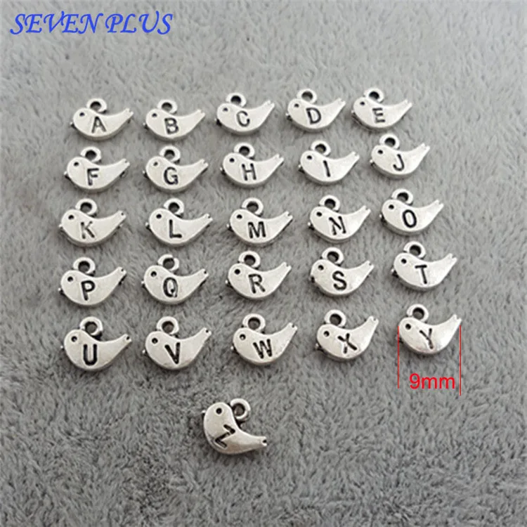 

High Quality 260 Pcs/Lot 9mm Antique Silver Plated Bird Shaped Initial Alphabet Letter Charms For Diy Jewelry Making From A To Z