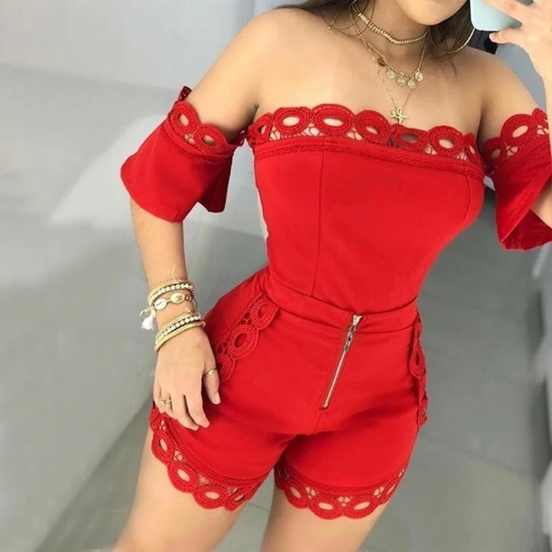 

Sexy Off Shoulder Lace Patchwork Two Pieces Summer Women Set Female Solid Zipper European Style Casual Set SJ3208M