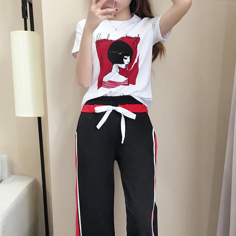 

XL-5XL Size summer new korean fashion ladies' tops sweatshirt print & wide-legged black stripe pants suit casual women clothes