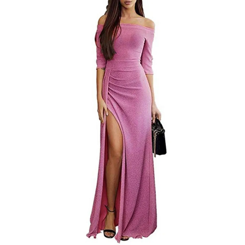 Розовый 8 цветов vestidos mujer женское вечернее платье без Плеч платья Половина рукава высокая раздельное максимальной длины вечерние платья S~ 3XL черный красный - Цвет: Розовый