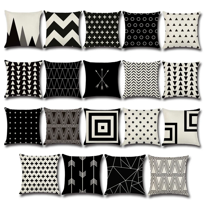 

Black Geometric Cushion Cover Cotton Linen Decorative Pillowcase Chair Seat Square 45x45cm Pillow Cover Home Living Textile
