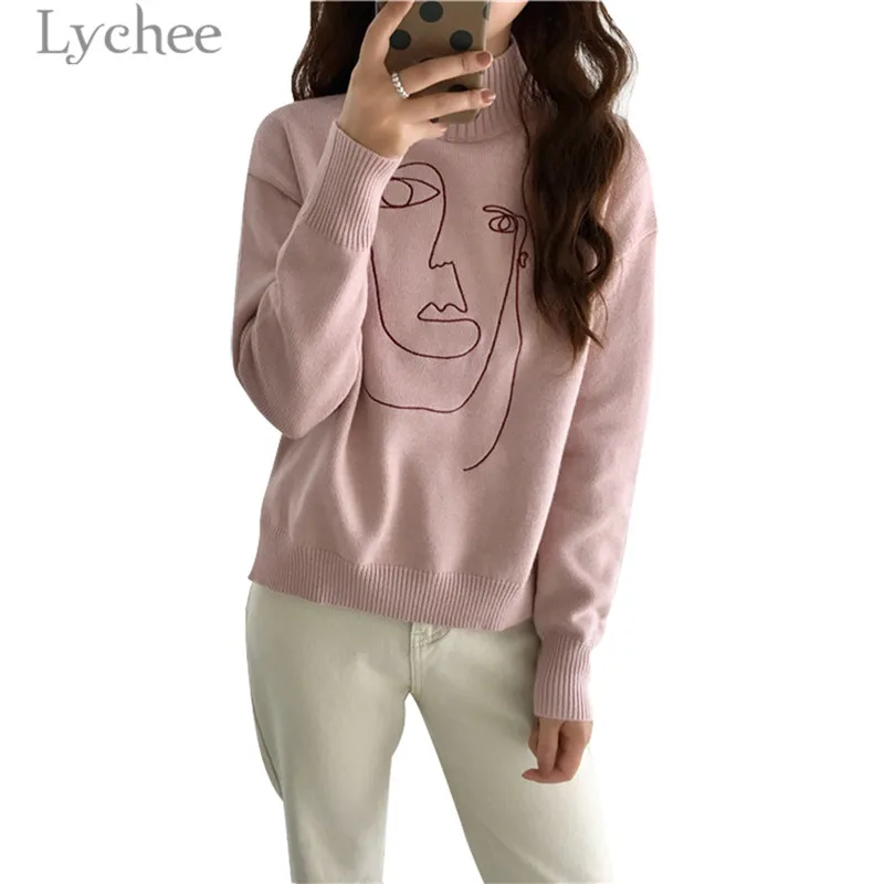Женский свитер с геометрической вышивкой Lychee осенне-зимний мягкий пуловер