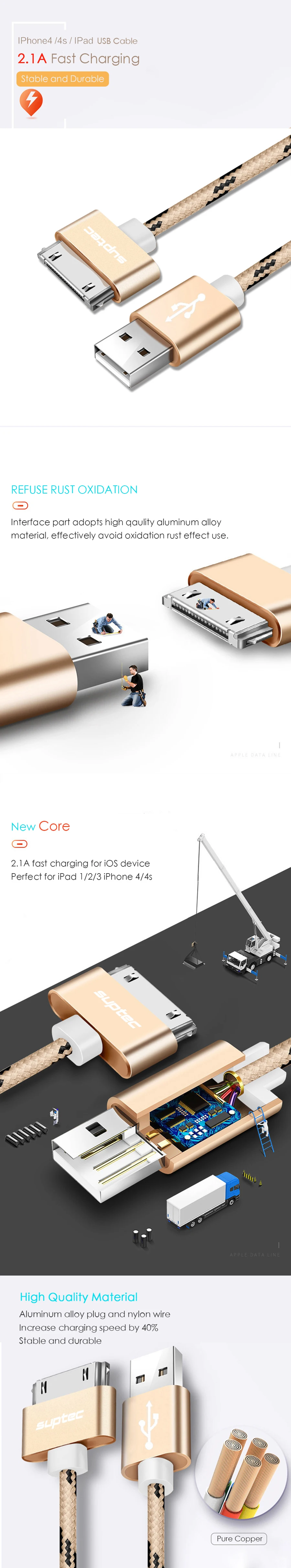 SUPTEC зарядный кабель для iPhone 4, 4S, iPad 2, 3, iPod, 30 Pin, нейлоновая оплетка, провод, металлический штекер, передача данных, синхронизация, USB, зарядное устройство, адаптер