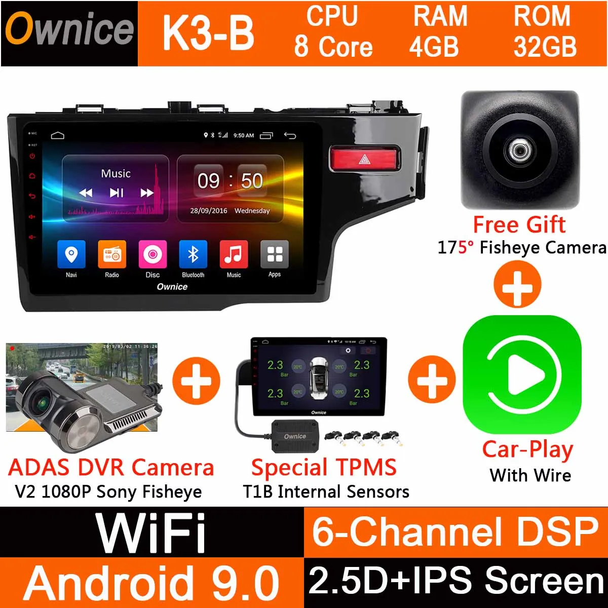 K3B-CarPlay-TPMS-DVR Ips+ 2.5D Android автомобильный DVD gps Navi Радио для Honda Fit Jazz(правая рука) Мультимедиа CarPlay DSP ADAS - Цвет: K3B-CarPlay-TPMS-DVR