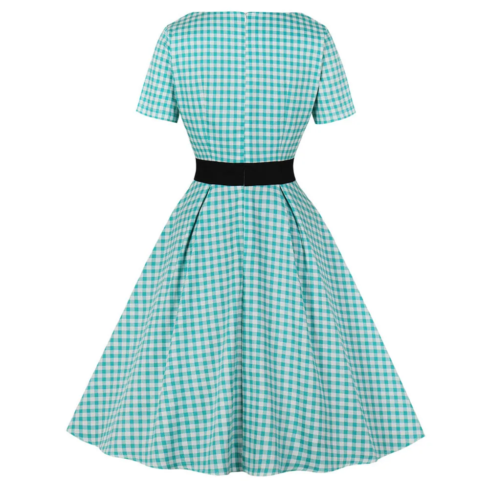 Женское клетчатое платье до середины икры с коротким рукавом и принтом в