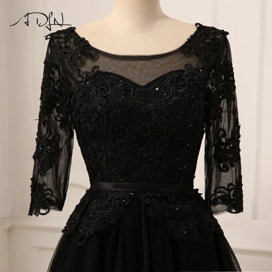 ADLN Черное вечернее платье короткие трапециевидные Половина рукава Аппликация из
