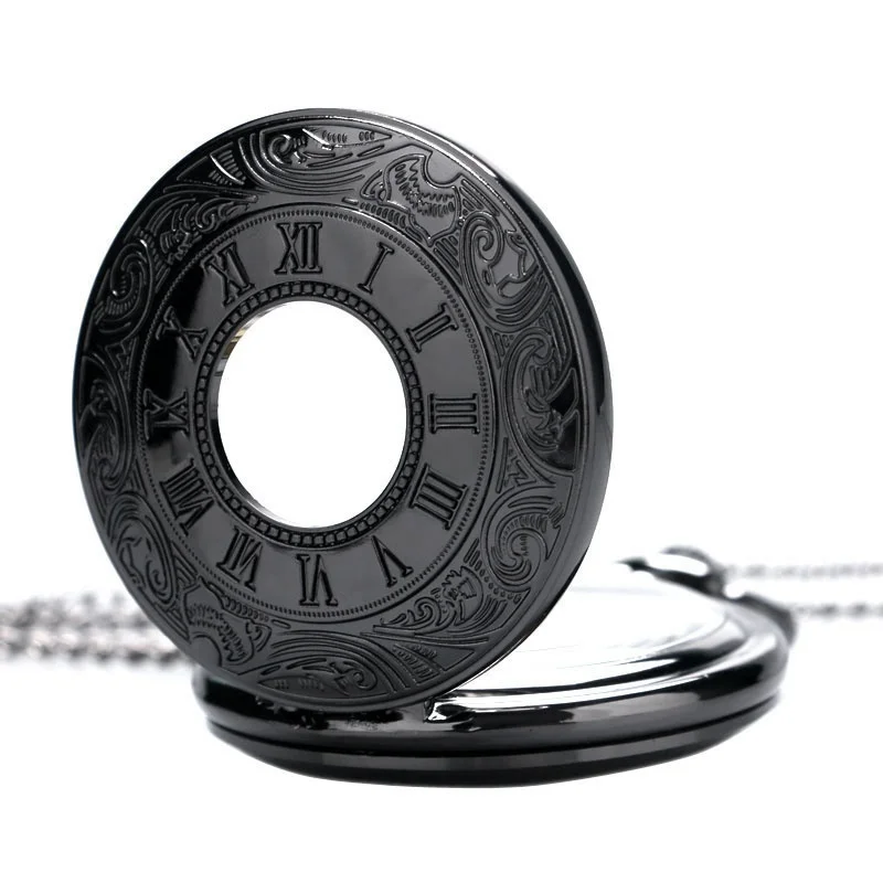 Classical Vintage Black Roman Number Pocket Watch Stainless Steel Case Design Gold Dial Quartz Necklace Watches Gifts New | Наручные часы