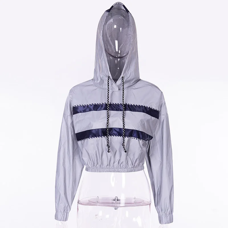 

XUANSHOW Reflective Tracksuit Fashion Women Crop Tops Hoodies + Long Pants 2 Piece Set Stripe Jogger Pants Sets Clothes
