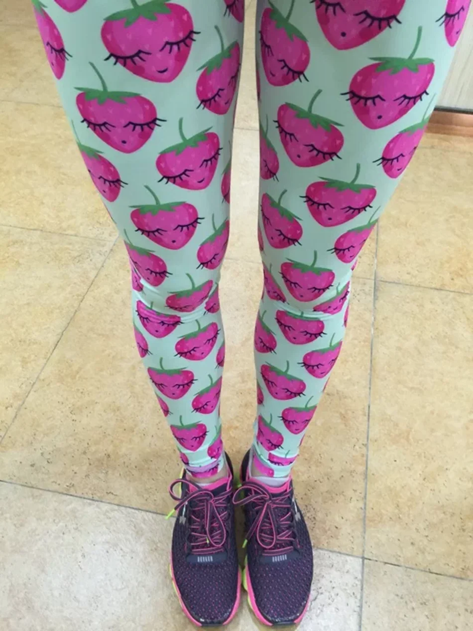 

Oyoo Funny Strawberry printed athletic yoga leggings women running sport tights girls baby blue pineapple fitness legging
