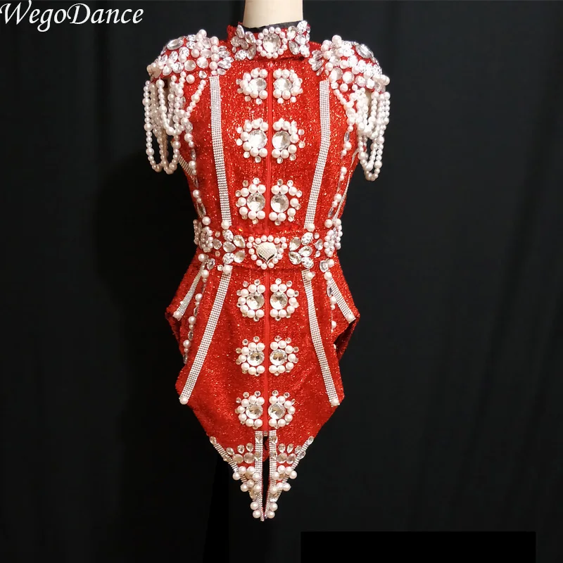 

New Design Sparkly Pearls Crystals Outfit Dance Wear Party Costume red gold blue Stage Club wear Singer Dance Clothes