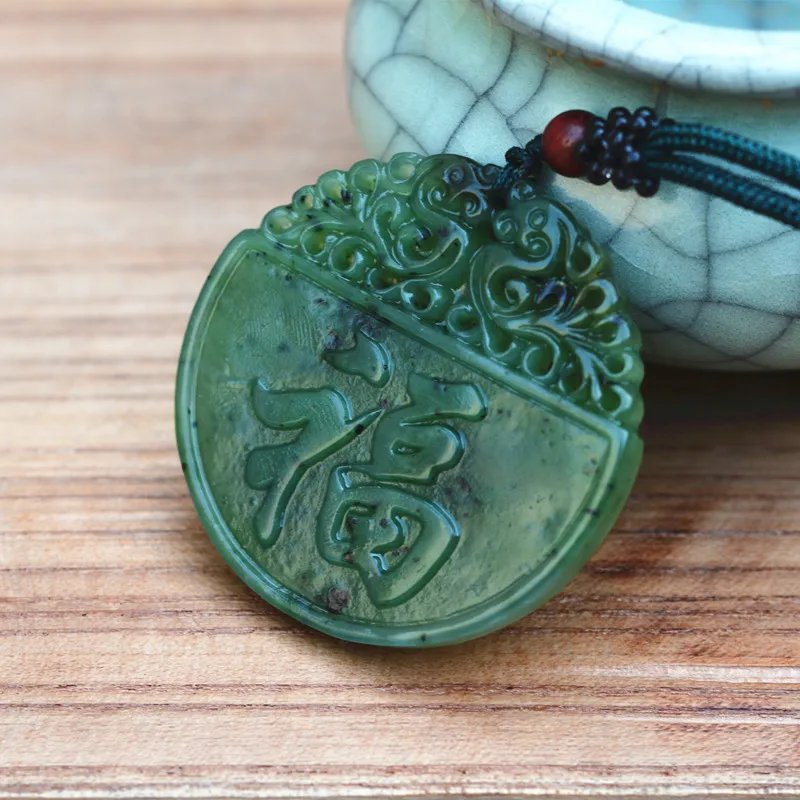 Бесплатная доставка натуральное зеленое ожерелье HETIAN подвеска с нефритом резной