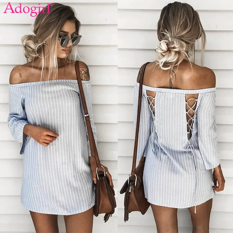 Adogirl 2018 осеннее женское платье в полоску на шнуровке сзади сексуальное с вырезом
