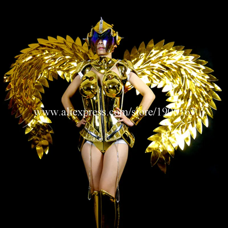 Виктории Подиум шоу Позолоченные зеркальные танцевальные крылья платье костюмы