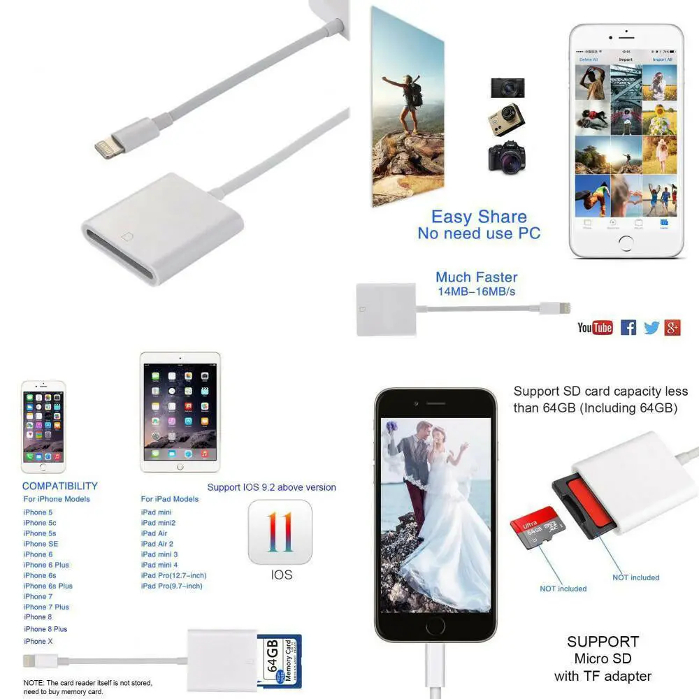 USB кардридер для камеры SD TF адаптер кабель iPhone 8 Plus 6S Apple iPad Pro Air Mini 3B04|Картридеры| |