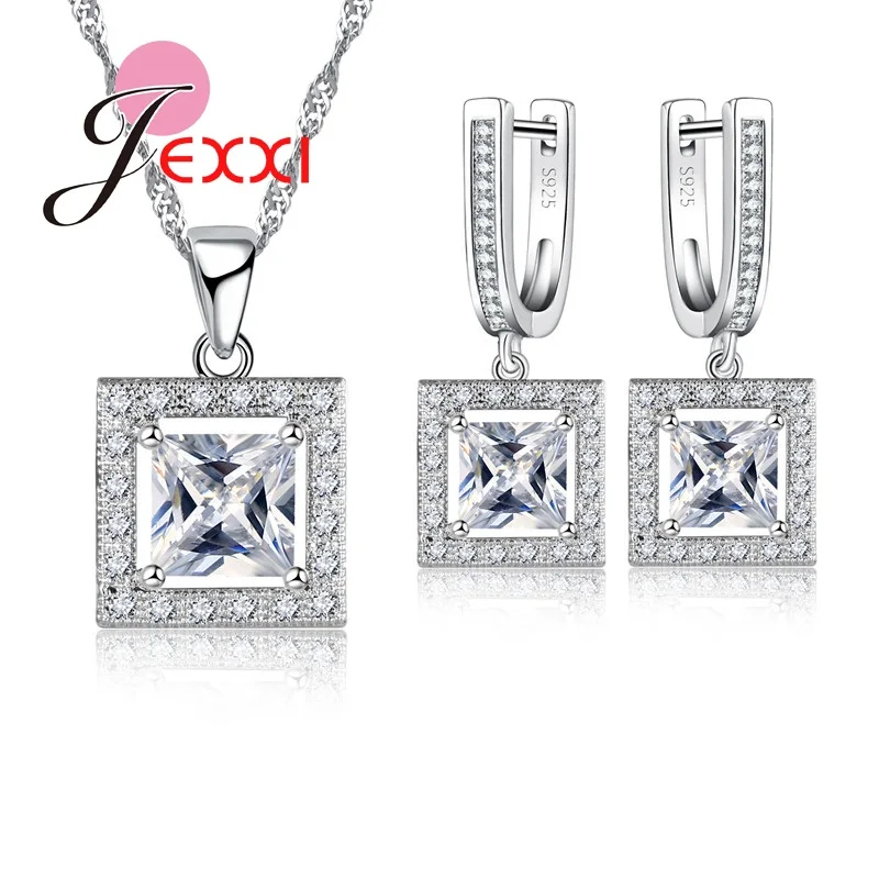 

Square Design Women Girls Fashion Jewelry Set CZ Crystal Necklace Earrings Sets Wholesale Christmas Birthday Gift