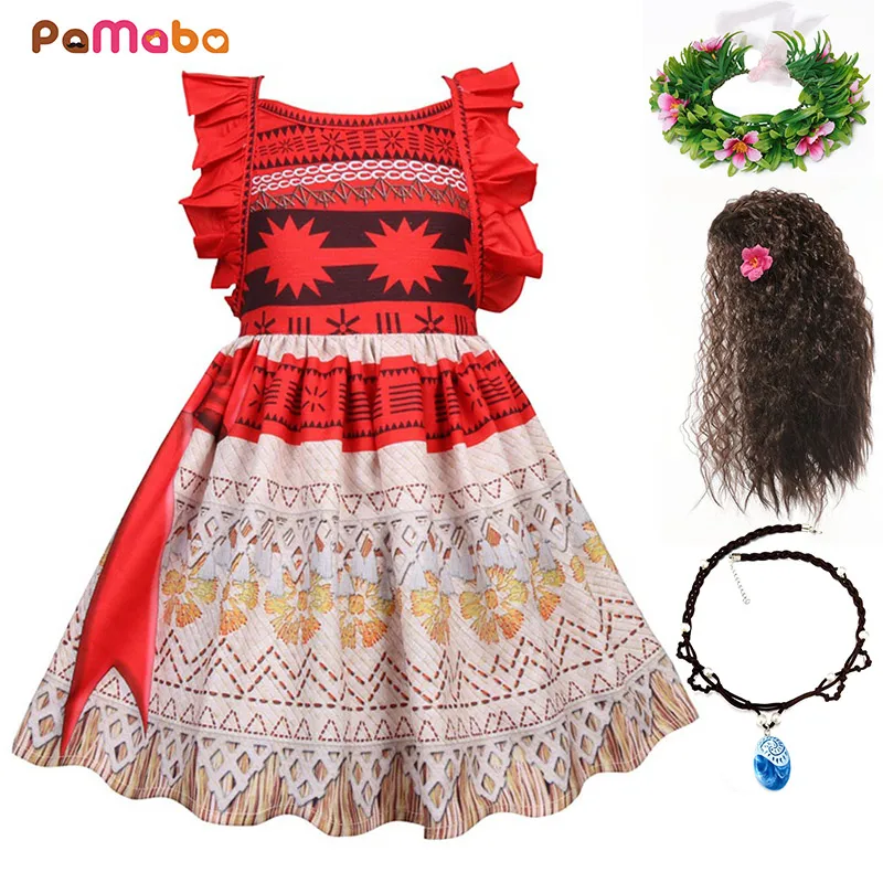 PaMaBa Girls Moana Casual Dress Summer Child Fashion Backless Frocks Above Knee Beach Princess Vaiana Clothing with Necklace Wig | Детская