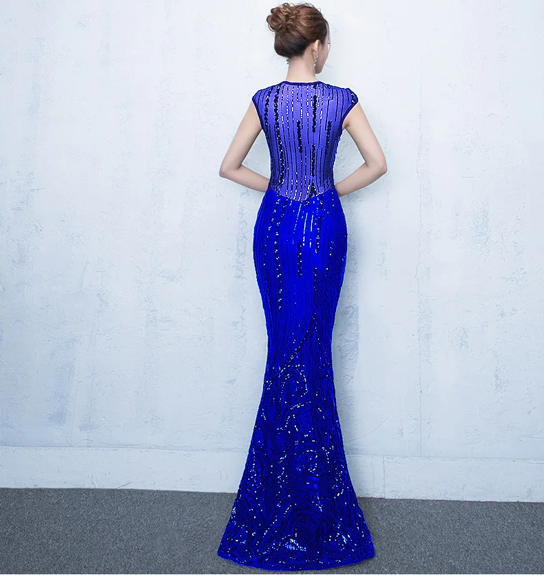 Синее платье с глубоким v образным вырезом коротким рукавом бисером блестками