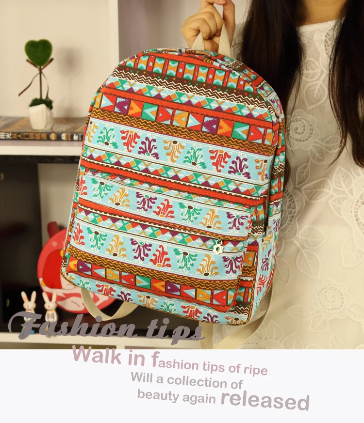 Ethnic fashion striped thick canvas shoulder bag female Korean version of the small leisure travel backpack HB093 | Багаж и сумки
