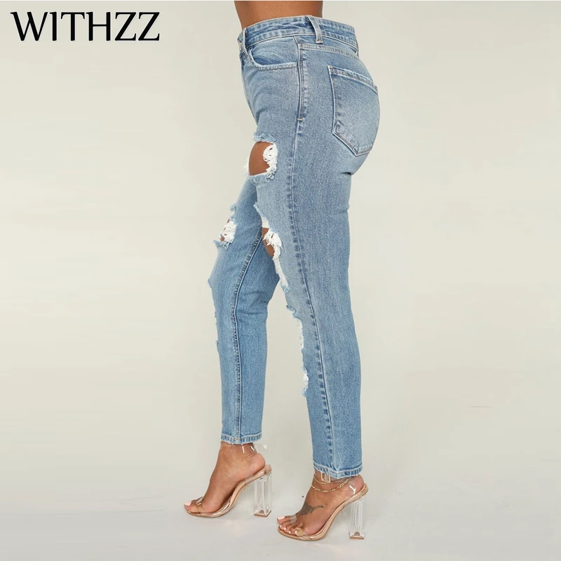 Узкие джинсовые брюки карандаш с дырками WITHZZ хлопковые джинсы для женщин штаны