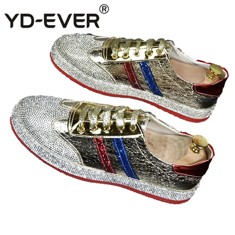 Casual Men Sneakers Luxury Brand Silver Shoes Spring Lace Up Skate European Trainers Italy Patent Leather Gold Nice Rhinestone | Обувь