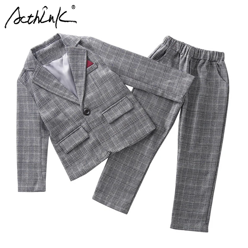 

ActhInK New 2Pcs Girls Formal Plaid Suit Girls Grey Blazer Suit Teenage Girls Wedding Suit Girls Spring Blazer Jacket Suit