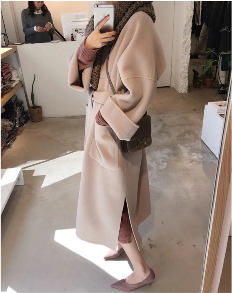 Autumn winter woolen coat women Loose Large size wool coats female Belt slim long Basic coats Both sides of the slit jacket N332