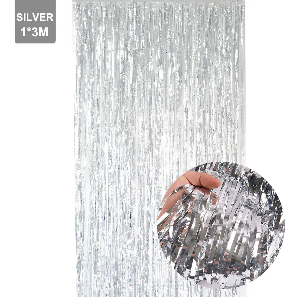 silver 2 шт. 1X3 м розовый синий металлик мишура пол раскрывает Декор полоса фольги шторы фото стенд реквизит Детские вечерние принадлежности для душа - Цвет: silver