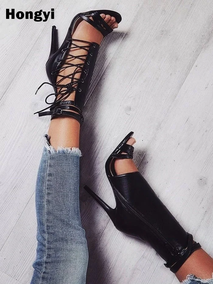 

High Quality New Women Sandals Open Toe Cross Strap Lace Up Cutout Caged Ankle Boots Woman Gladiator Roman Sandals High Heels