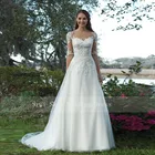 Красивое свадебное платье, атласное ТРАПЕЦИЕВИДНОЕ платье из органзы с иллюзионными рукавами и кружевной аппликацией, свадебные платья на заказ